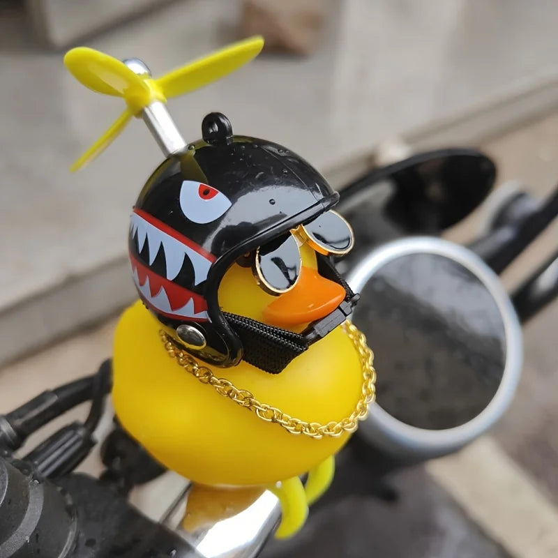 1PC cute yellow duck decoration wearing a black shark motorcycle helmet, car decoration, holiday gift