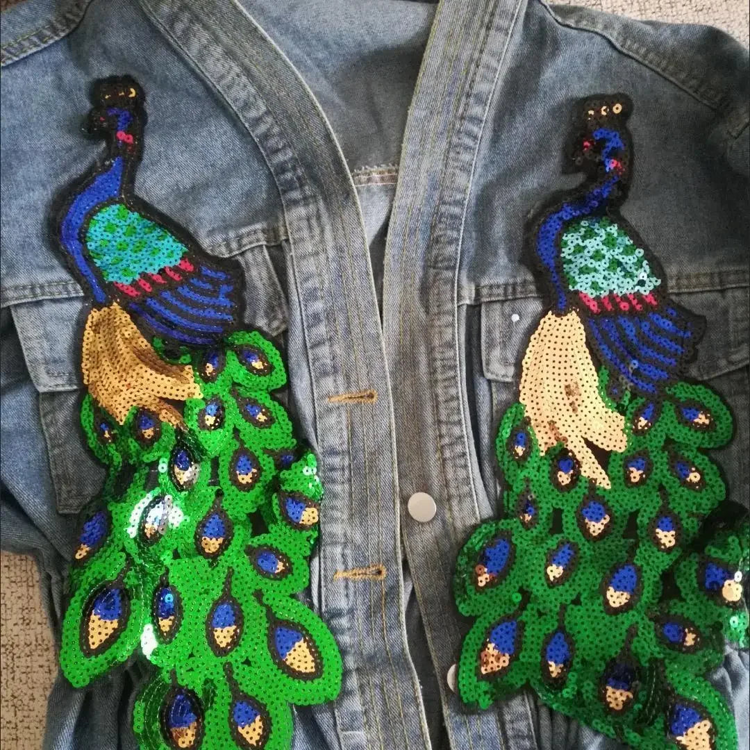 Women V-neck 3D Peacock Sequined Embroidery Jean Coat Autumn Animal Beaded Denim Jacket Shiny Streetwear Cardigan Tops Jaqueta