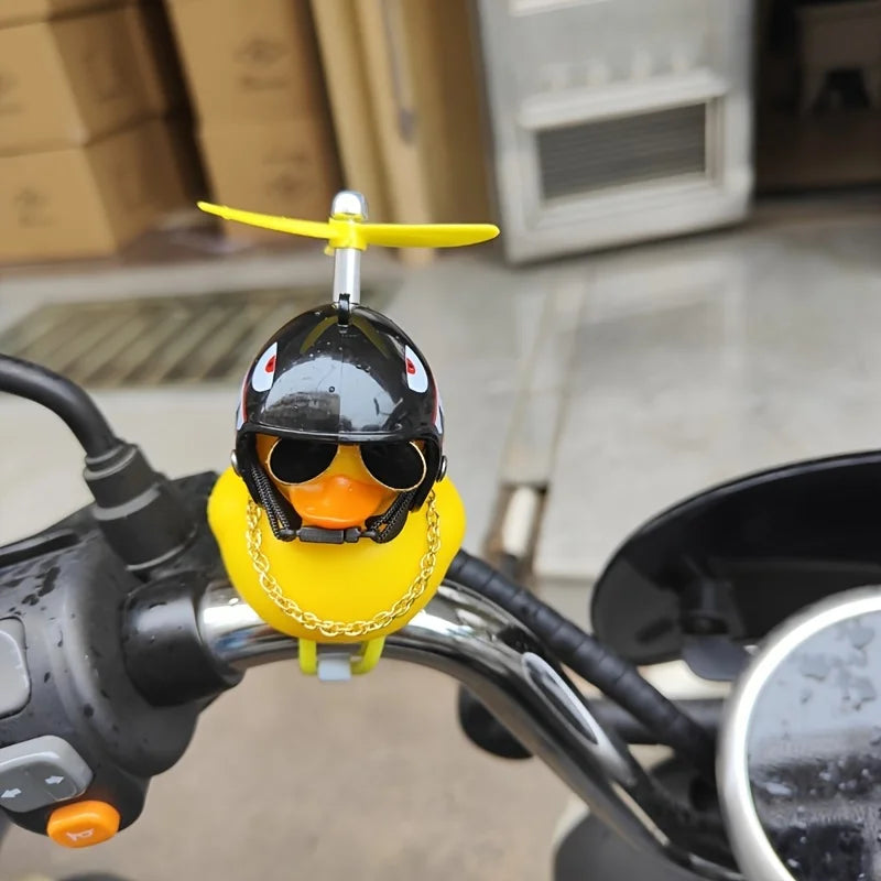 1PC cute yellow duck decoration wearing a black shark motorcycle helmet, car decoration, holiday gift