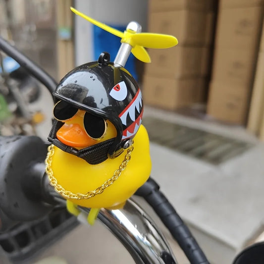 1PC cute yellow duck decoration wearing a black shark motorcycle helmet, car decoration, holiday gift