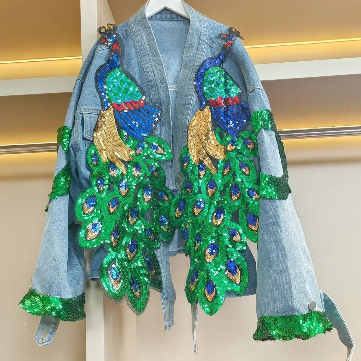 Women V-neck 3D Peacock Sequined Embroidery Jean Coat Autumn Animal Beaded Denim Jacket Shiny Streetwear Cardigan Tops Jaqueta
