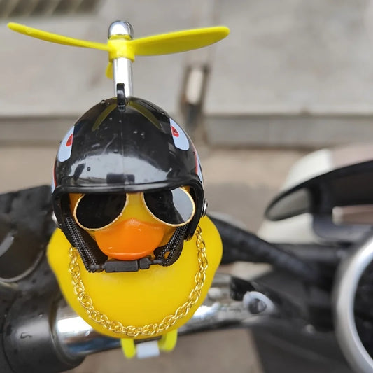1PC cute yellow duck decoration wearing a black shark motorcycle helmet, car decoration, holiday gift
